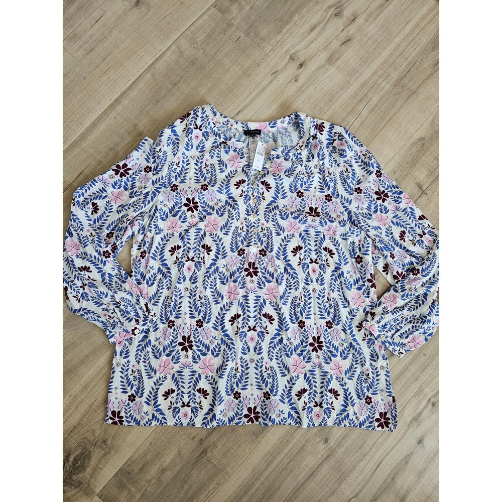 Talbots Womens Floral Henley Blouse Blue Pink Long Sleeve XL NWT 54552593
